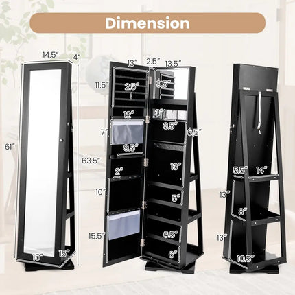 360Â° Rotatable 2-in-1 Lockable Jewelry Cabinet with Full-Length Mirror-Black Costway