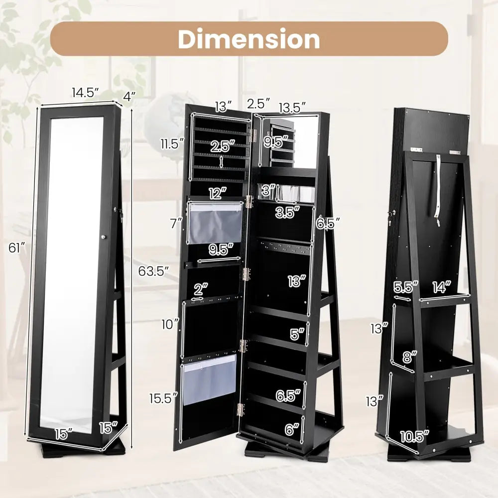 360Â° Rotatable 2-in-1 Lockable Jewelry Cabinet with Full-Length Mirror-Black Costway
