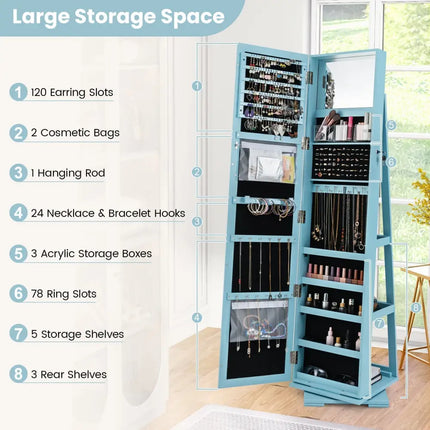 360Â° Rotatable 2-in-1 Lockable Jewelry Cabinet with Full-Length Mirror-Blue Costway