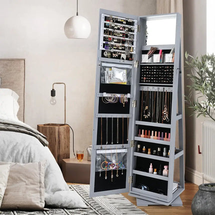 360Â° Rotatable 2-in-1 Lockable Jewelry Cabinet with Full-Length Mirror-Gray Costway