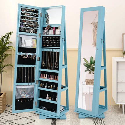 360Â° Rotatable 2-in-1 Lockable Jewelry Cabinet with Full-Length Mirror-Blue Costway