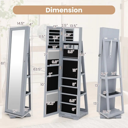 360Â° Rotatable 2-in-1 Lockable Jewelry Cabinet with Full-Length Mirror-Gray Costway