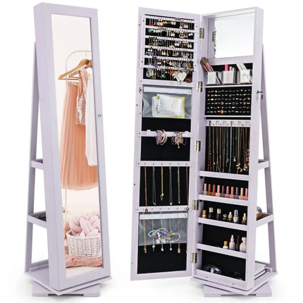 360Â° Rotatable 2-in-1 Lockable Jewelry Cabinet with Full-Length Mirror-Purple Costway