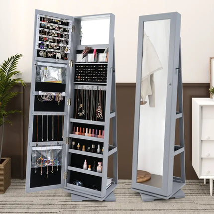 360Â° Rotatable 2-in-1 Lockable Jewelry Cabinet with Full-Length Mirror-Gray Costway