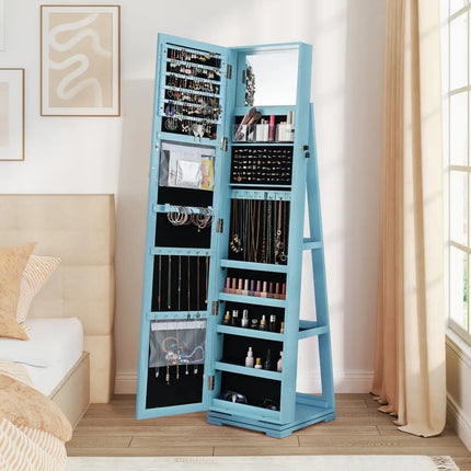 360Â° Rotatable 2-in-1 Lockable Jewelry Cabinet with Full-Length Mirror-Blue Costway