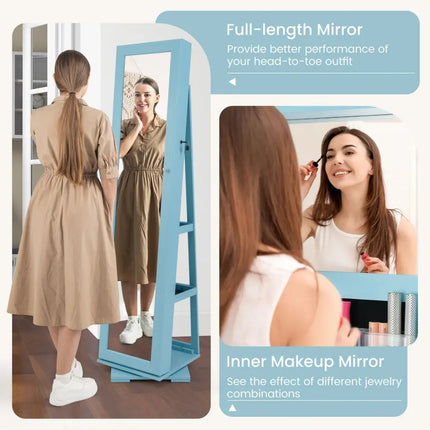360Â° Rotatable 2-in-1 Lockable Jewelry Cabinet with Full-Length Mirror-Blue Costway