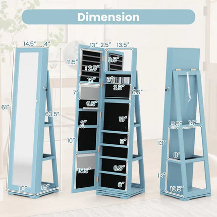 360Â° Rotatable 2-in-1 Lockable Jewelry Cabinet with Full-Length Mirror-Blue Costway
