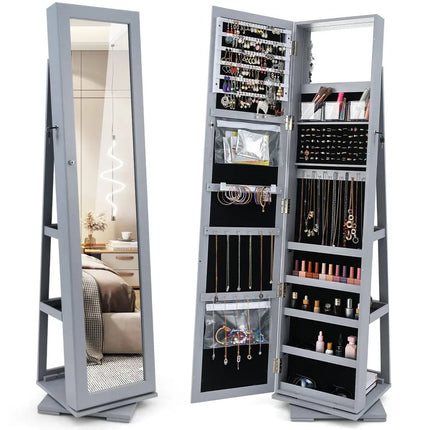 360Â° Rotatable 2-in-1 Lockable Jewelry Cabinet with Full-Length Mirror-Gray Costway
