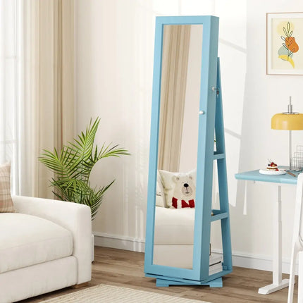 360Â° Rotatable 2-in-1 Lockable Jewelry Cabinet with Full-Length Mirror-Blue Costway