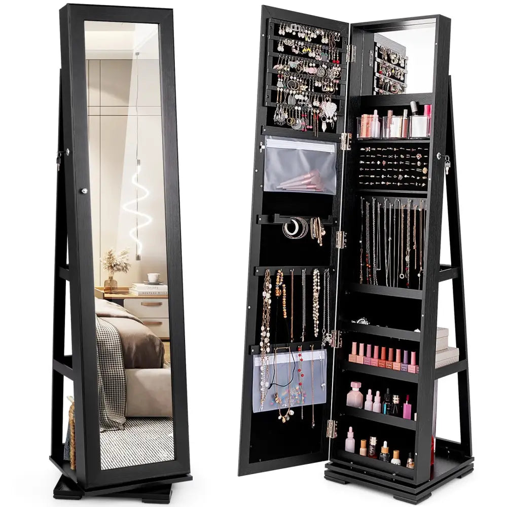 360Â° Rotatable 2-in-1 Lockable Jewelry Cabinet with Full-Length Mirror-Black Costway