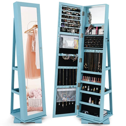 360Â° Rotatable 2-in-1 Lockable Jewelry Cabinet with Full-Length Mirror-Blue Costway