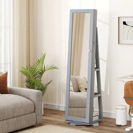 360Â° Rotatable 2-in-1 Lockable Jewelry Cabinet with Full-Length Mirror-Gray Costway