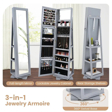 360Â° Rotatable 2-in-1 Lockable Jewelry Cabinet with Full-Length Mirror-Gray Costway