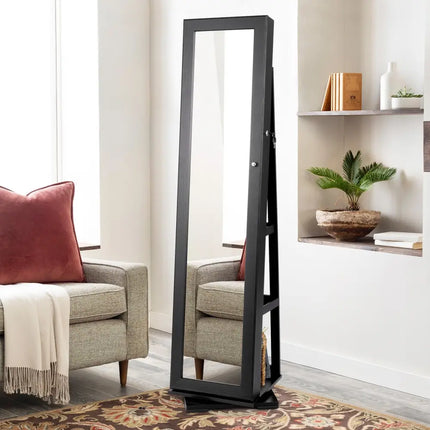 360Â° Rotatable 2-in-1 Lockable Jewelry Cabinet with Full-Length Mirror-Black Costway