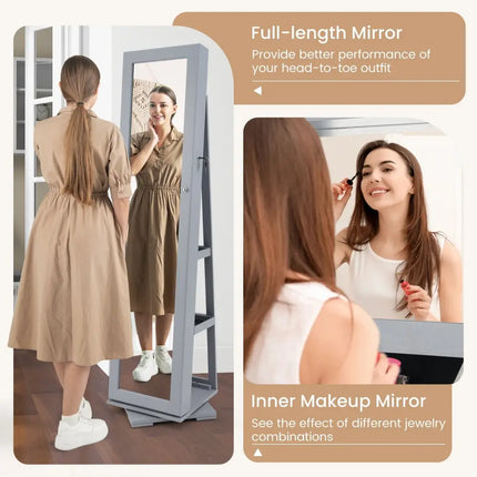 360Â° Rotatable 2-in-1 Lockable Jewelry Cabinet with Full-Length Mirror-Gray Costway