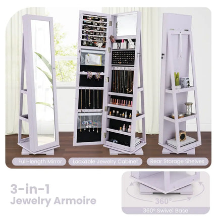 360Â° Rotatable 2-in-1 Lockable Jewelry Cabinet with Full-Length Mirror-Purple Costway
