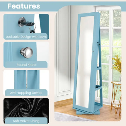 360Â° Rotatable 2-in-1 Lockable Jewelry Cabinet with Full-Length Mirror-Blue Costway