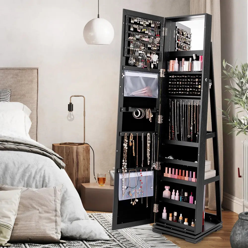 360Â° Rotatable 2-in-1 Lockable Jewelry Cabinet with Full-Length Mirror-Black Costway