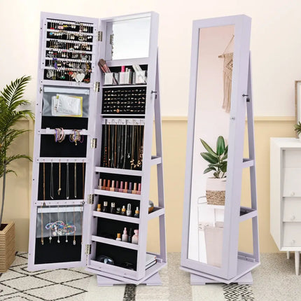 360Â° Rotatable 2-in-1 Lockable Jewelry Cabinet with Full-Length Mirror-Purple Costway