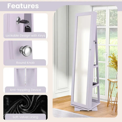 360Â° Rotatable 2-in-1 Lockable Jewelry Cabinet with Full-Length Mirror-Purple Costway