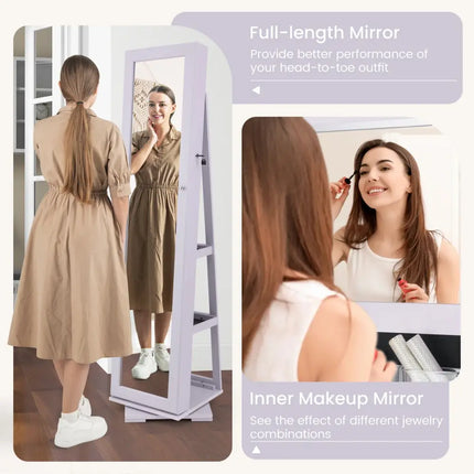 360Â° Rotatable 2-in-1 Lockable Jewelry Cabinet with Full-Length Mirror-Purple Costway