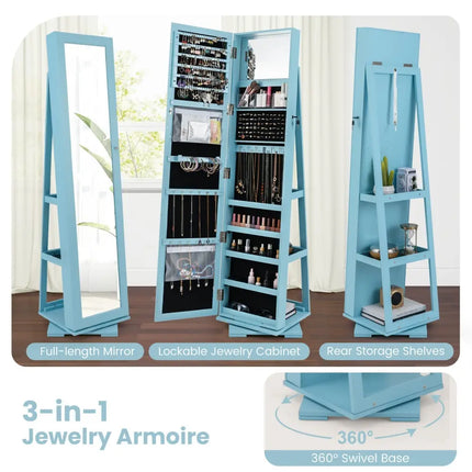 360Â° Rotatable 2-in-1 Lockable Jewelry Cabinet with Full-Length Mirror-Blue Costway