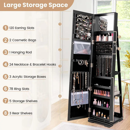 360Â° Rotatable 2-in-1 Lockable Jewelry Cabinet with Full-Length Mirror-Black Costway