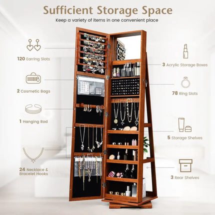 360Â° Rotatable Armoire 2-in-1 Lockable Mirrored Jewelry Cabinet-Brown Costway