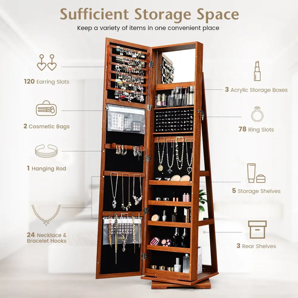 360Â° Rotatable Armoire 2-in-1 Lockable Mirrored Jewelry Cabinet-Brown Costway
