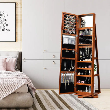 360Â° Rotatable Armoire 2-in-1 Lockable Mirrored Jewelry Cabinet-Brown Costway