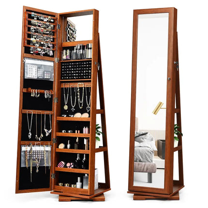 360Â° Rotatable Armoire 2-in-1 Lockable Mirrored Jewelry Cabinet-Brown Costway