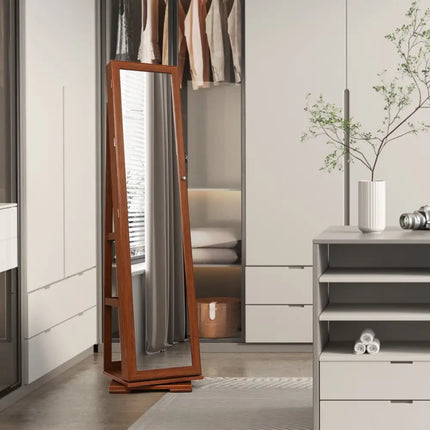 360Â° Rotatable Armoire 2-in-1 Lockable Mirrored Jewelry Cabinet-Brown Costway