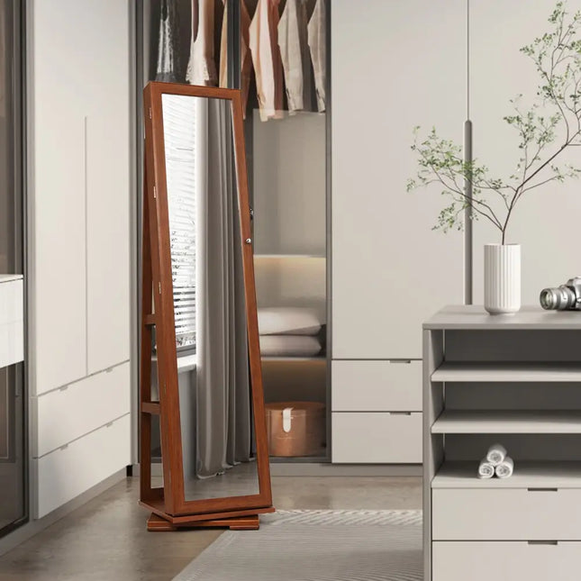 360Â° Rotatable Armoire 2-in-1 Lockable Mirrored Jewelry Cabinet-Brown Costway