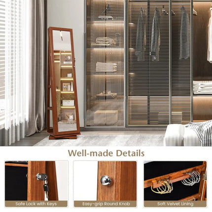 360Â° Rotatable Armoire 2-in-1 Lockable Mirrored Jewelry Cabinet-Brown Costway