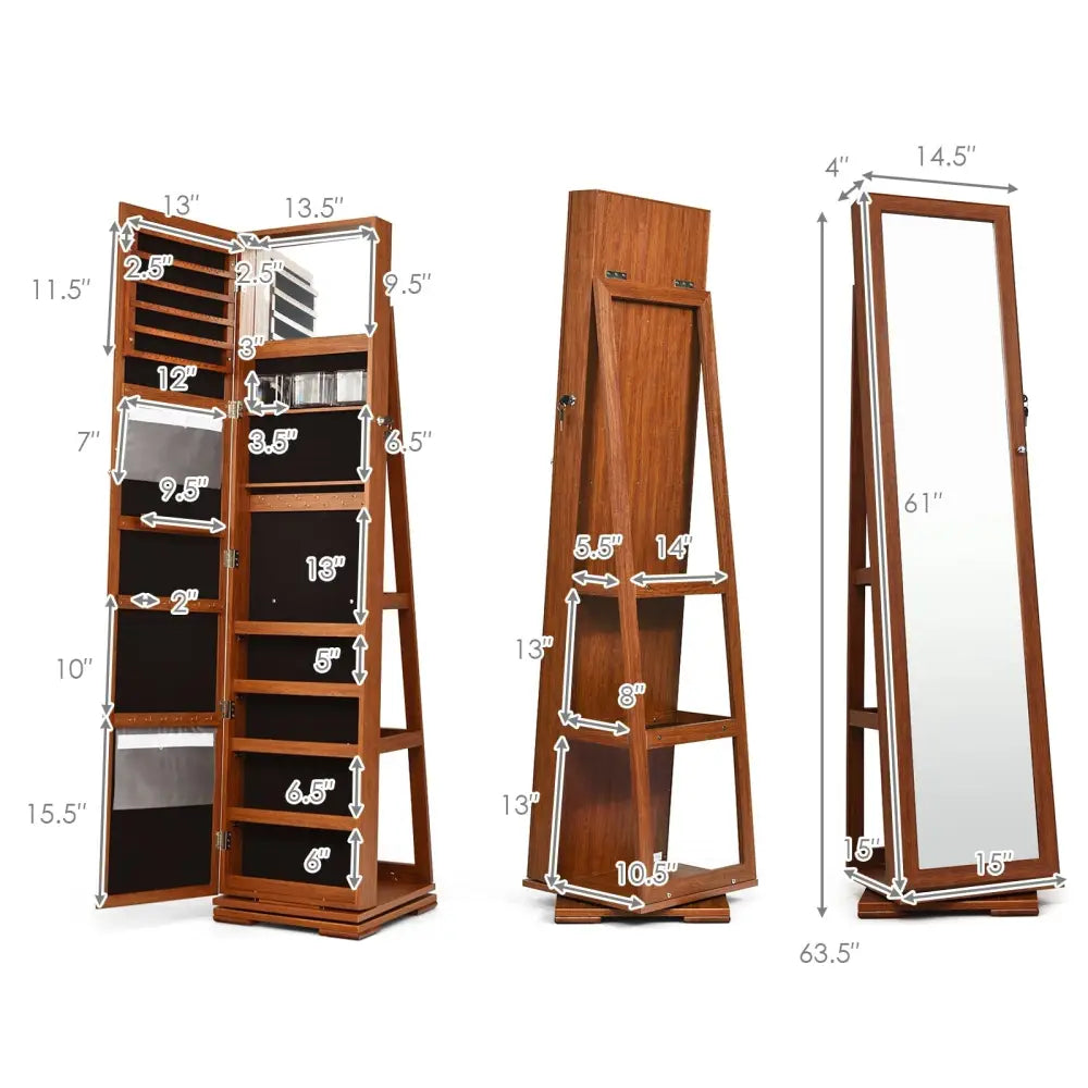 360Â° Rotatable Armoire 2-in-1 Lockable Mirrored Jewelry Cabinet-Brown Costway