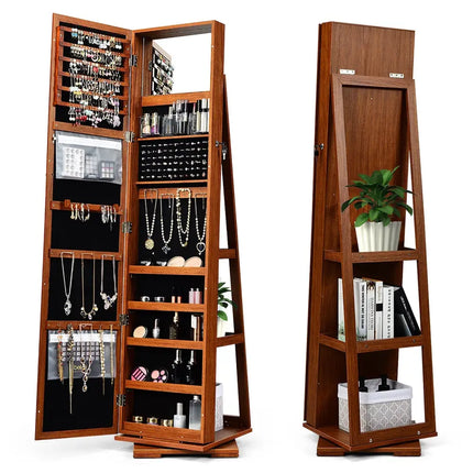 360Â° Rotatable Armoire 2-in-1 Lockable Mirrored Jewelry Cabinet-Brown Costway