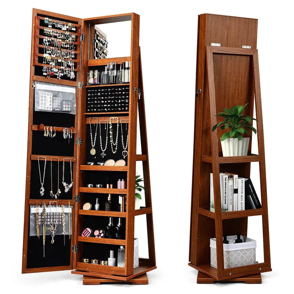 360Â° Rotatable Armoire 2-in-1 Lockable Mirrored Jewelry Cabinet-Brown Costway