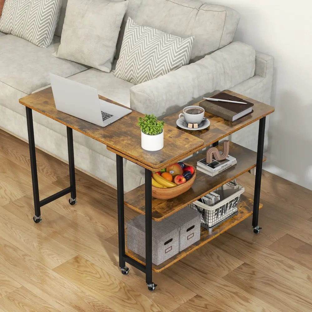 360Â° Rotating Sofa Side Table with 2-Tier Storage Shelves-Brown Costway