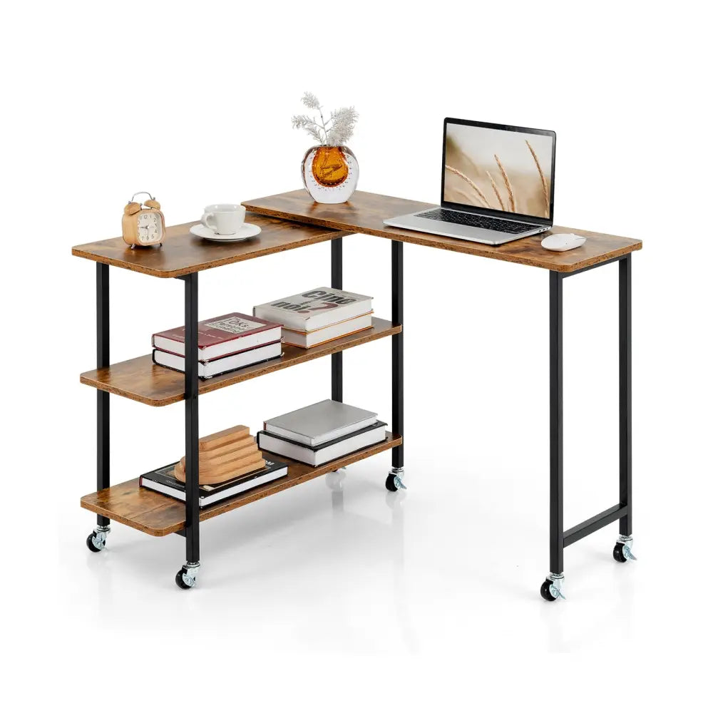 360Â° Rotating Sofa Side Table with 2-Tier Storage Shelves-Brown Costway