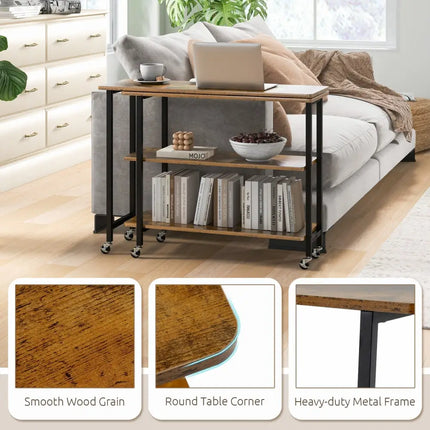 360Â° Rotating Sofa Side Table with 2-Tier Storage Shelves-Brown Costway