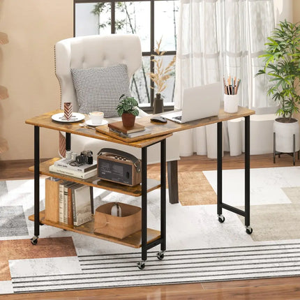 360Â° Rotating Sofa Side Table with 2-Tier Storage Shelves-Brown Costway