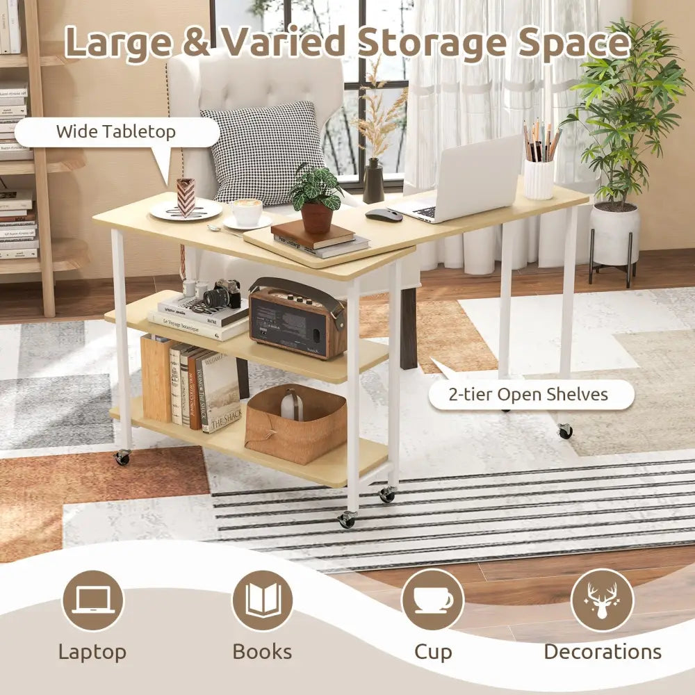 360Â° Rotating Sofa Side Table with 2-Tier Storage Shelves-Natural Costway