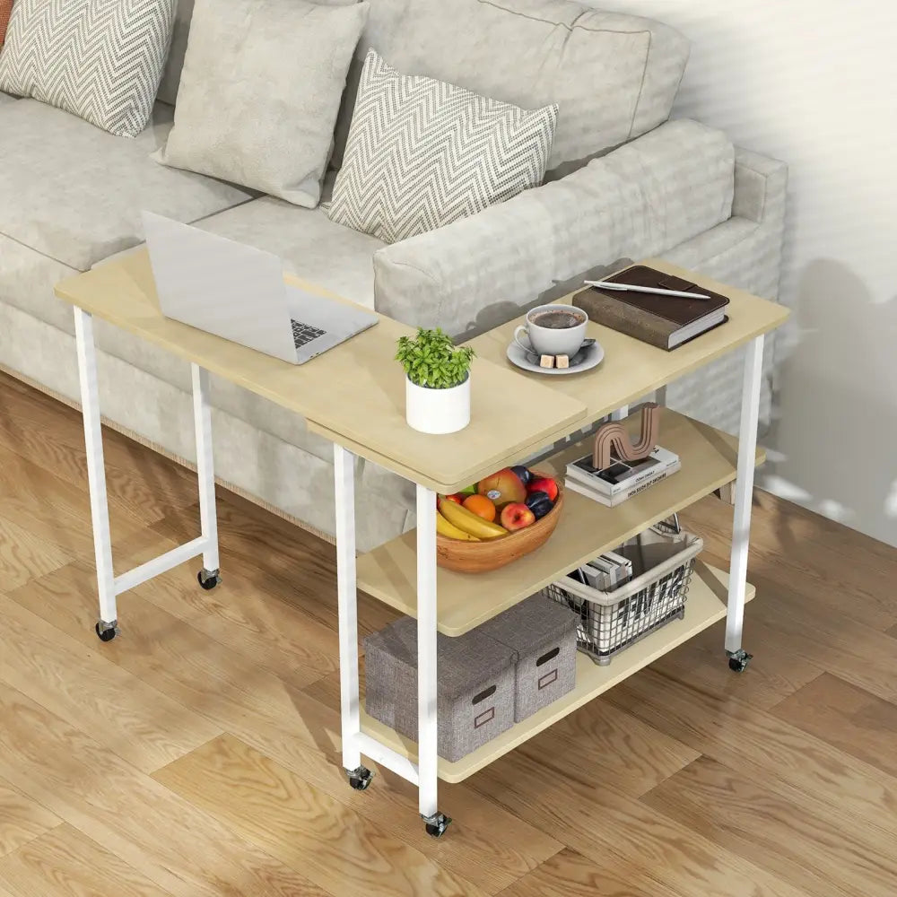 360Â° Rotating Sofa Side Table with 2-Tier Storage Shelves-Natural Costway