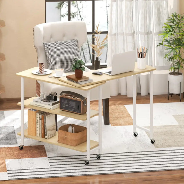 360Â° Rotating Sofa Side Table with 2-Tier Storage Shelves-Natural Costway