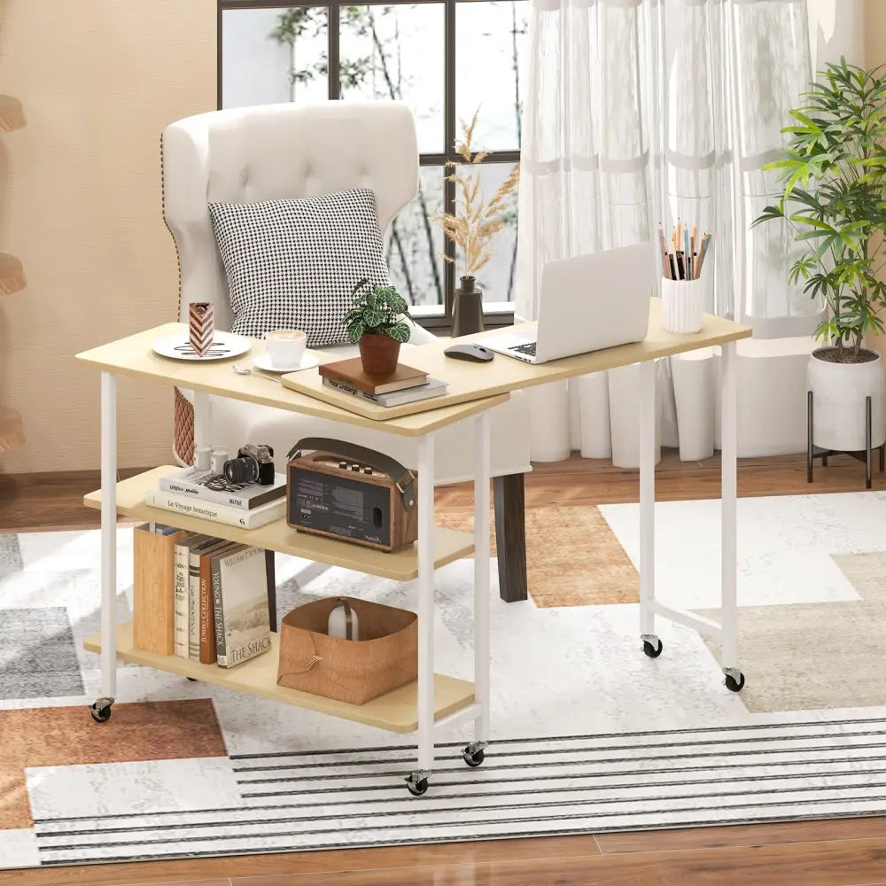 360Â° Rotating Sofa Side Table with 2-Tier Storage Shelves-Natural Costway