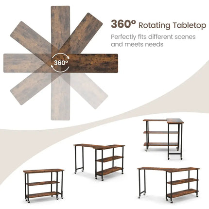 360Â° Rotating Sofa Side Table with 2-Tier Storage Shelves-Rustic Brown Costway