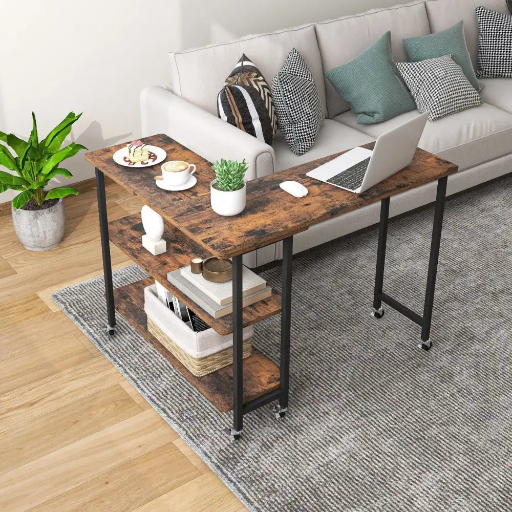360Â° Rotating Sofa Side Table with 2-Tier Storage Shelves-Rustic Brown Costway