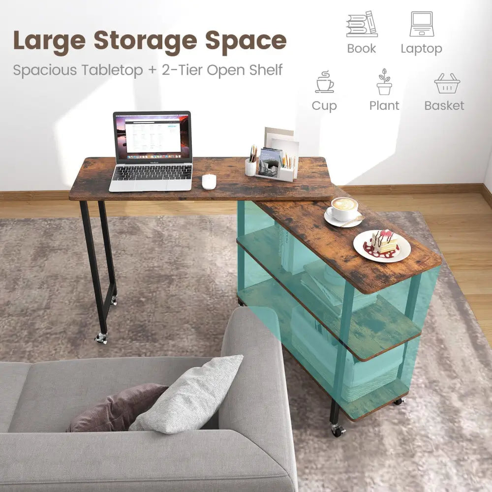 360Â° Rotating Sofa Side Table with 2-Tier Storage Shelves-Rustic Brown Costway