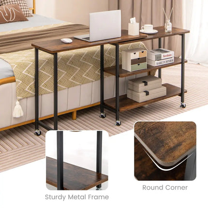 360Â° Rotating Sofa Side Table with 2-Tier Storage Shelves-Rustic Brown Costway