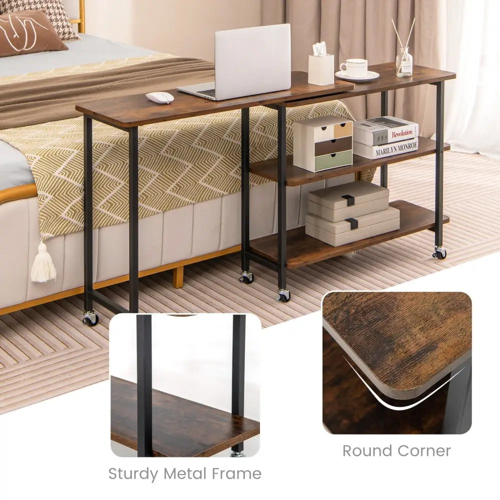 360Â° Rotating Sofa Side Table with 2-Tier Storage Shelves-Rustic Brown Costway